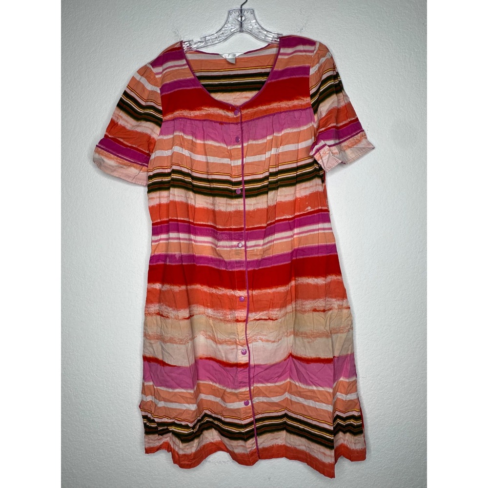 Adonna Short Sleeve Button Front House Dress Pink Orange Striped Women's Size L